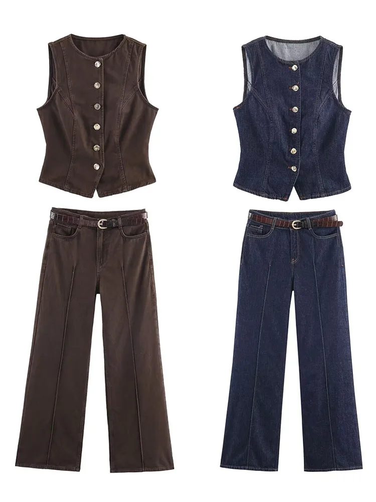 

HH Women's 2026 Spring Fashion Versatile Round Neck Single Breasted Denim Vest+Casual Belt High Waisted Loose Wide Leg Pants Set