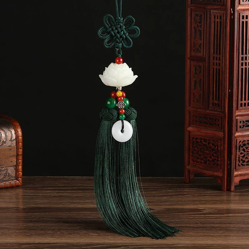 Chinese Knot Natural Obsidian Carved Lotus God of Fortune Amulet Lucky Pendant Silk Tassel Ornaments Gift keychain Jewelry