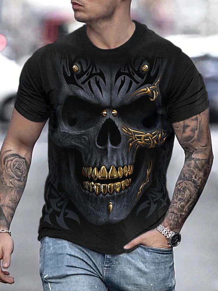 Day Of The Dead Head 3D Demon Skull Print Comfortable Crewneck Fashion Men's T-shirt Outdoor Street Fashion All-in-one Top