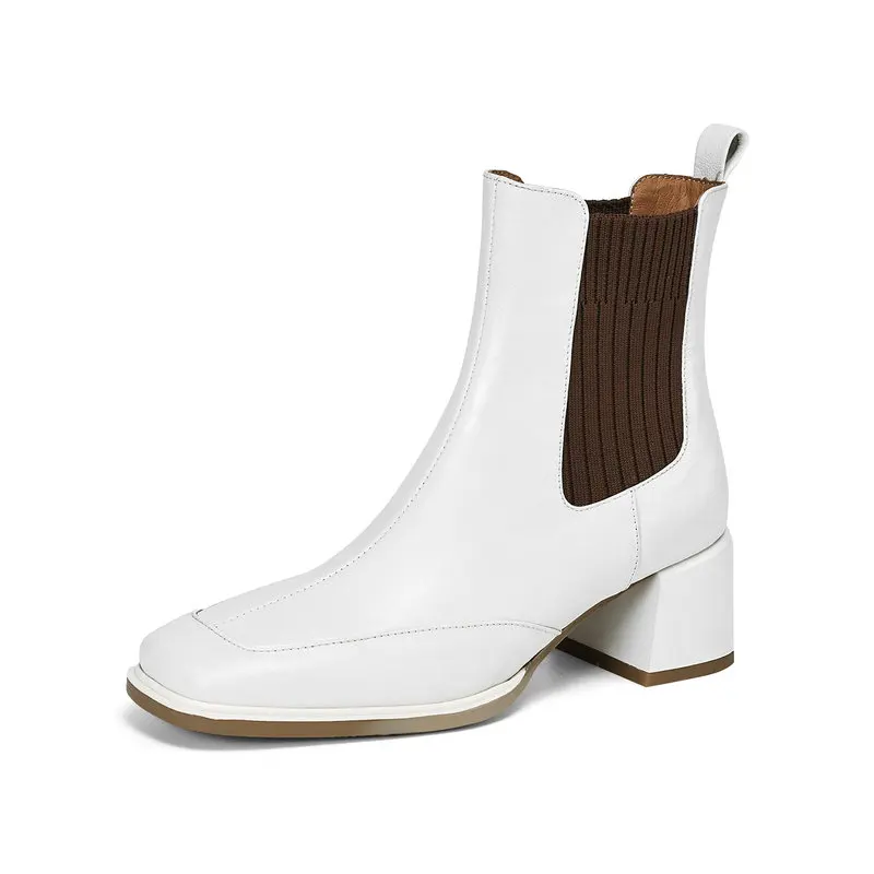 

2025 New Fashion Women Boots Genuine Leather Square-toed Knitted Elastic Boots Dress Modern Sexy Shoes