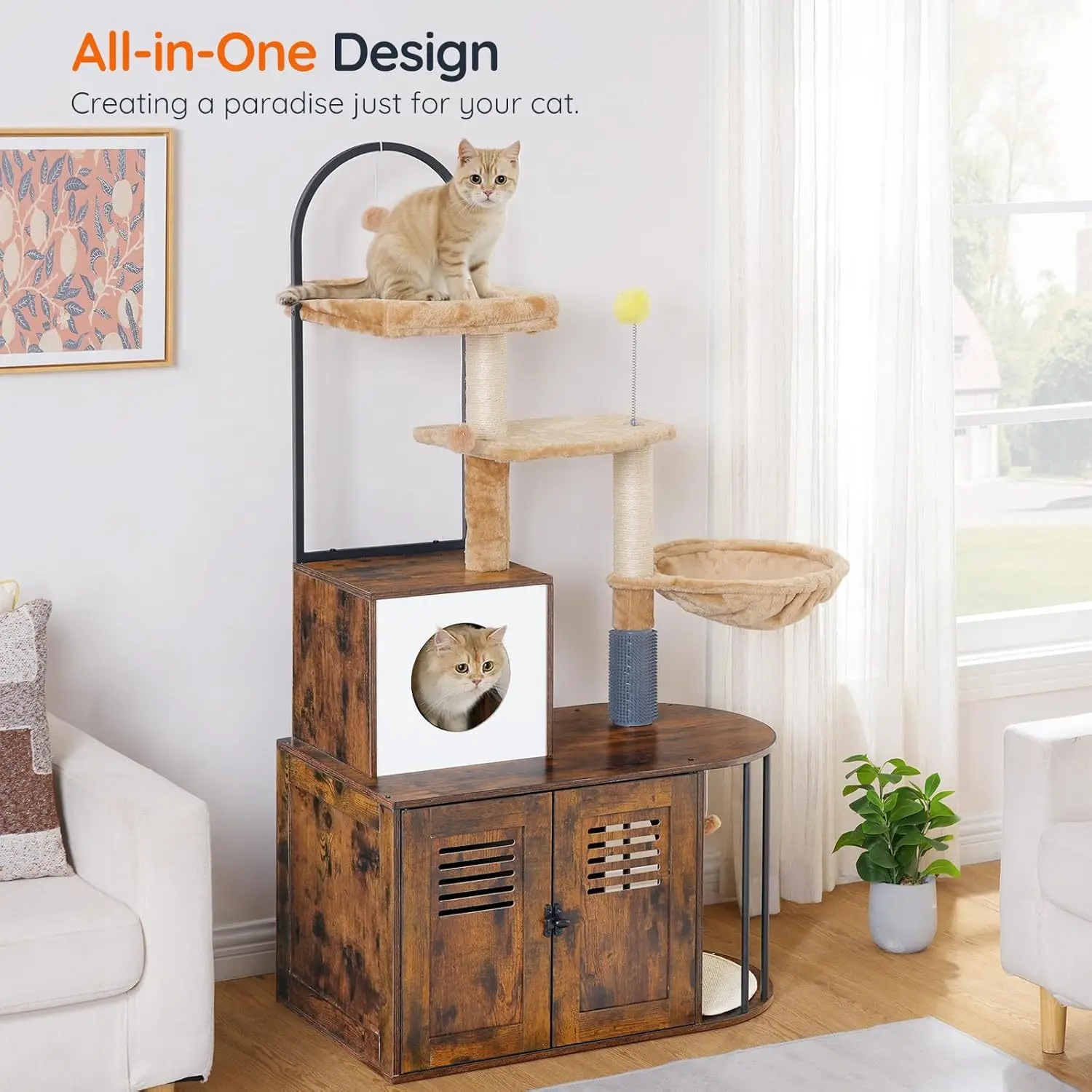 Multifunctional Pet Furniture Cat Cabinet with Plush Sisal Post Cat Climbing Rack Breathable Cat Litter Cabinet