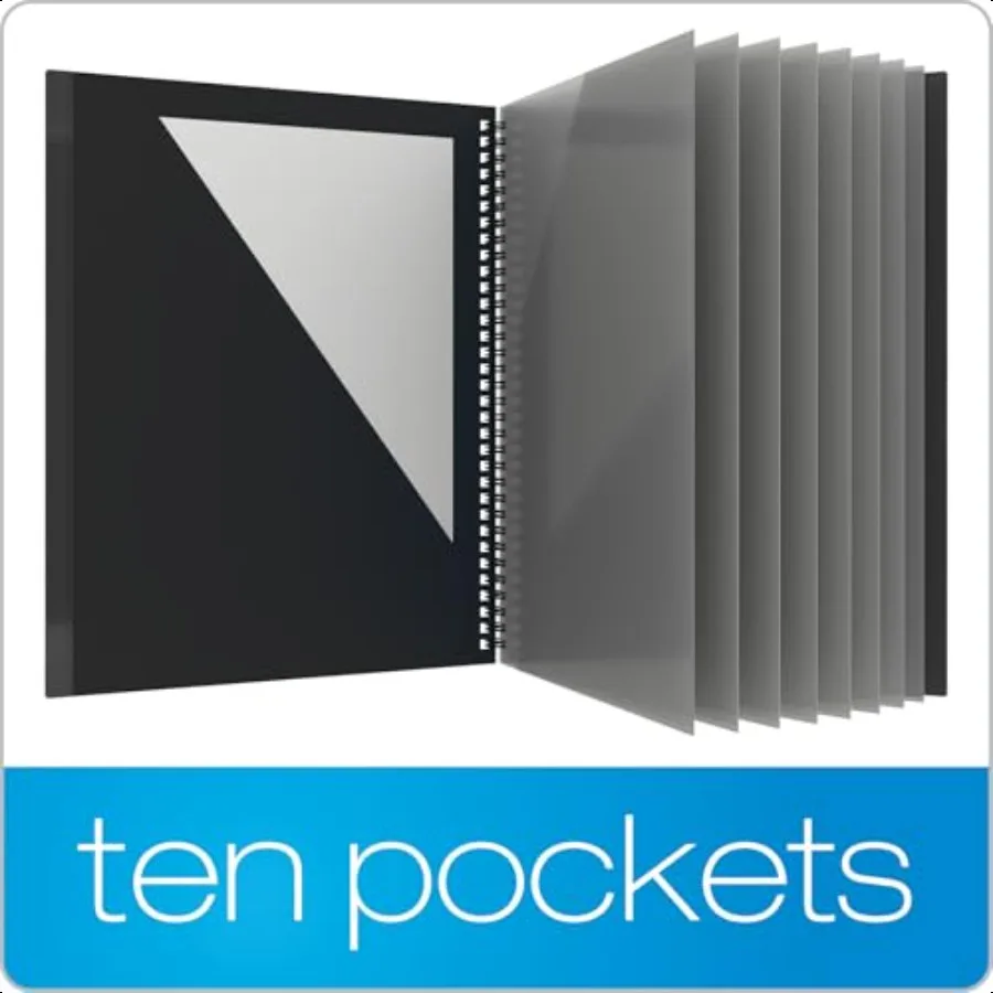 Cartella a 10 tasche Robusto portafoglio a spirale in plastica Bordi antistrappo 8 tasche 2 tasche interne diagonali Formato lettera Nero 89332