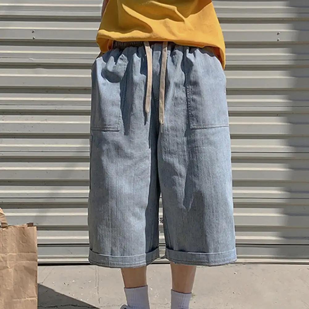 

Men Summer Jeans Loose Straight Wide Leg Denim Shorts Deep Crotch Drawstring Elastic Waist Men Cargo Trousers