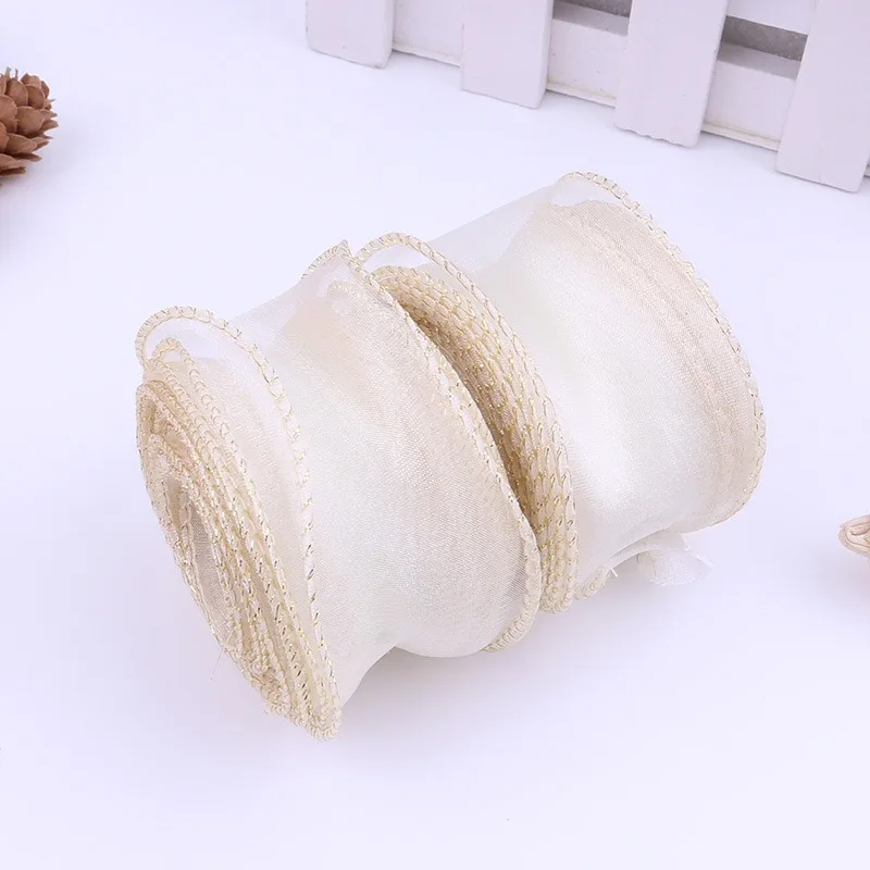 Hight Quality 4cm*9m Polyester Fishtail Ribbon with Gold Rim for Flowers Gift Packing Home Decor Party Wedding Decorations