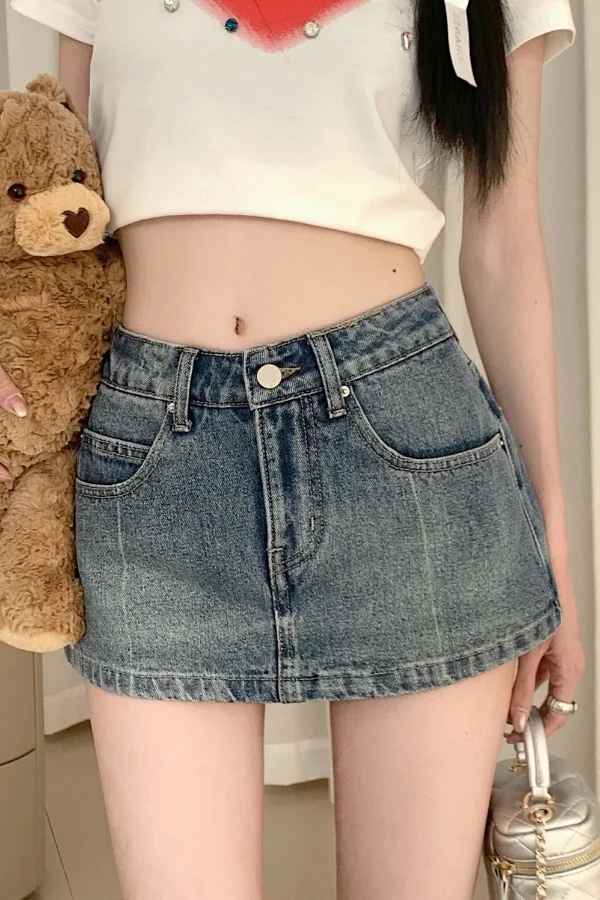 

Blue Vintage Washed Denim Skirt for Women Summer New Spicy Girl Slim Fit High Waisted Hip Hugging Skirt Prevent Exposure Culotte