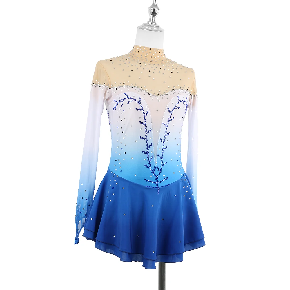 ZAGITOVA Blau Farbverlauf Eiskunstlauf Kleid Frauen Mädchen Langarm Eis Eiskunstlauf Rock Strass Wettbewerb Mesh Rock