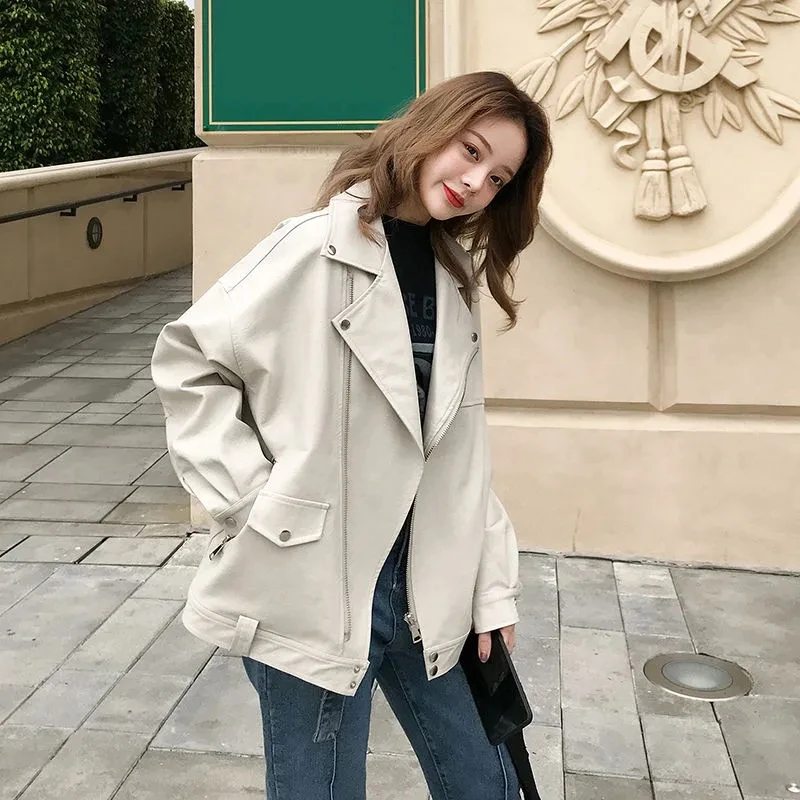 

PU Loose Motorcycle Jackets Female Faux Leather Jacket Women Casual Streetwear Oversized Coat Korean Chic New Spring