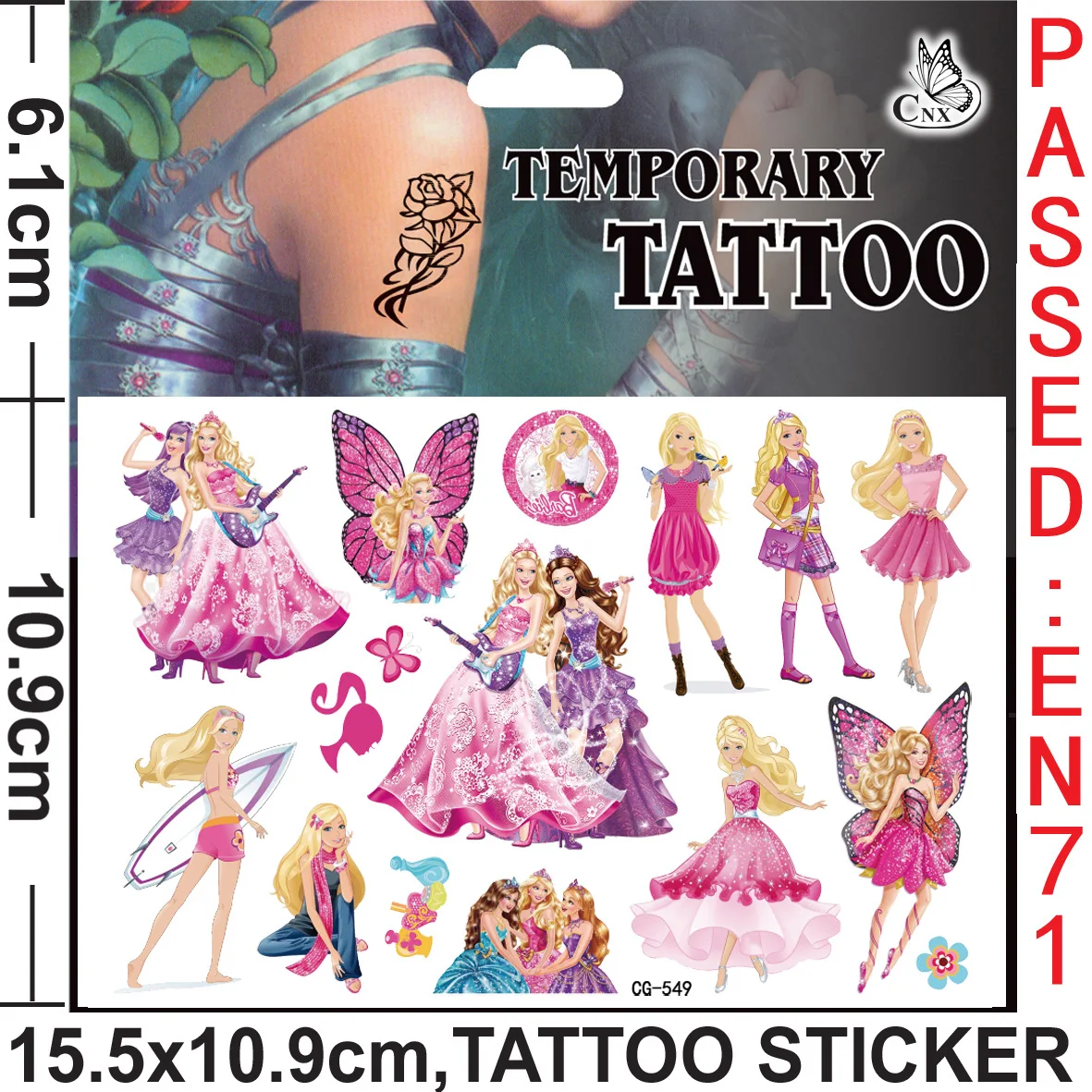 Pegatina de tatuaje de princesa Barbie para niños, decoración de fiesta de cumpleaños rosa, figura de acción, regalos para niños, juguetes para Baby