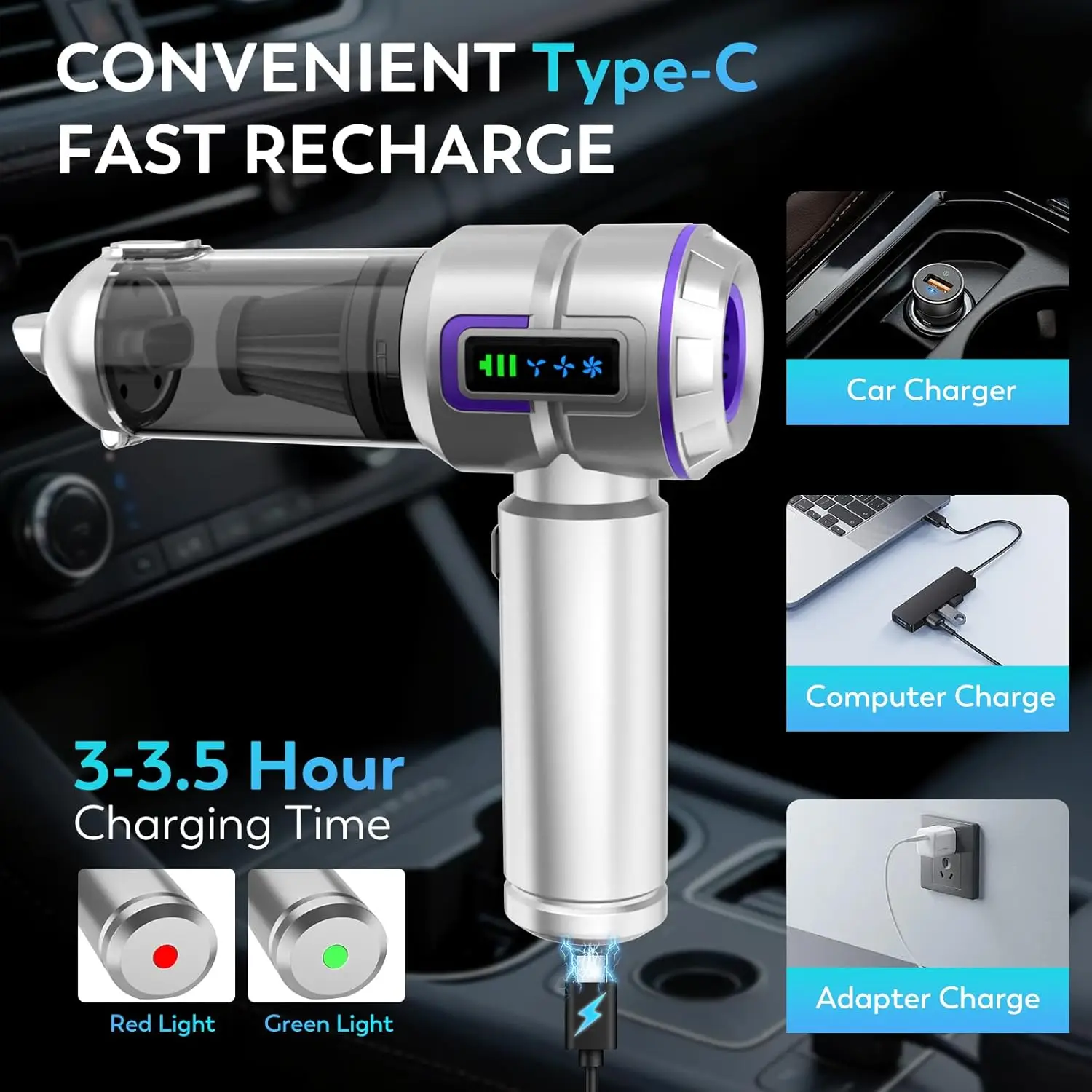 مكنسة كهربائية للسيارة 22000 باسكال، محمولة لاسلكية مع شاشة LED، للسيارة والمنزل والمكتب والتخييم (فضي أرجواني)