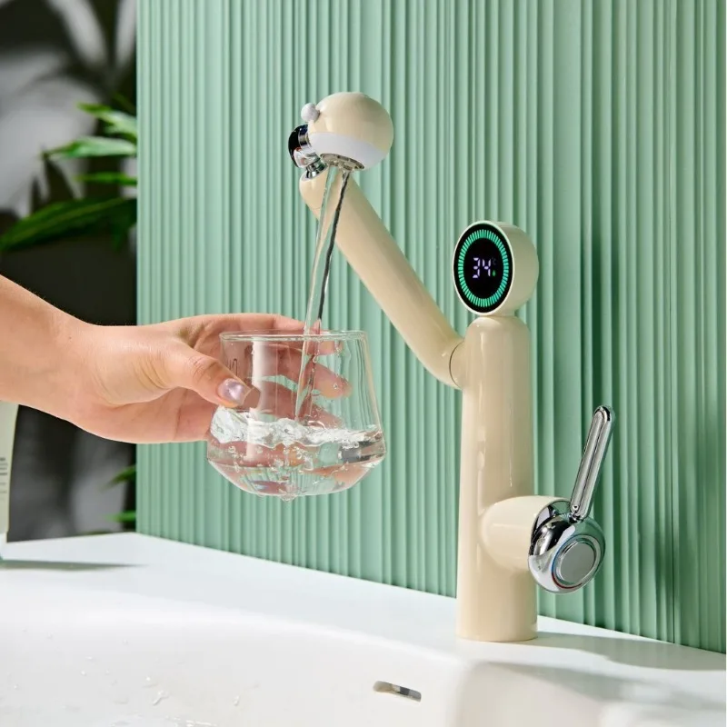 Universal Rotating Robotic Arm Faucet Multi-Functional Temperature Display Bathroom Hot Cold Basin Tap with Multiple Colors