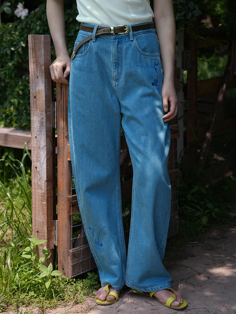 

Экологичные джинсы с высокой талией и широкими штанинами ItohIrohI, синие, с вышивкой в виде клинка, микро-конусный крой, женская мода, весна-осень-зима