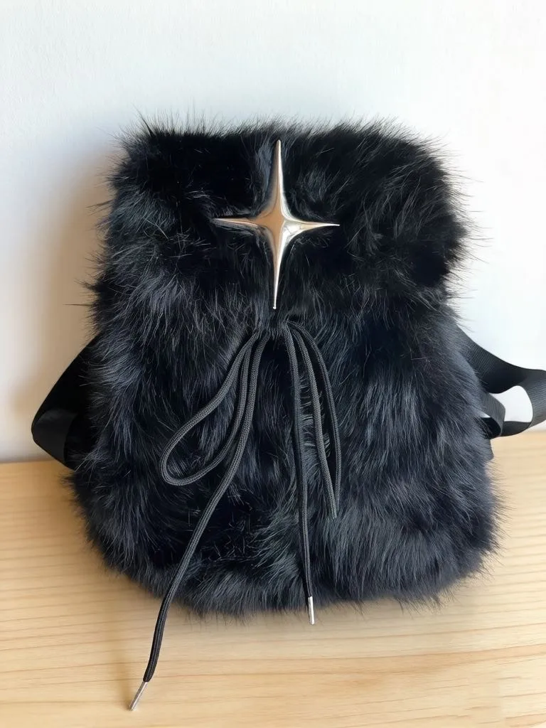 

Original Handmade Cross Plush Backpack for Women's Drawstring Faux Fur Winter Fur Backpacks Y2K Spice Girls Backpacks