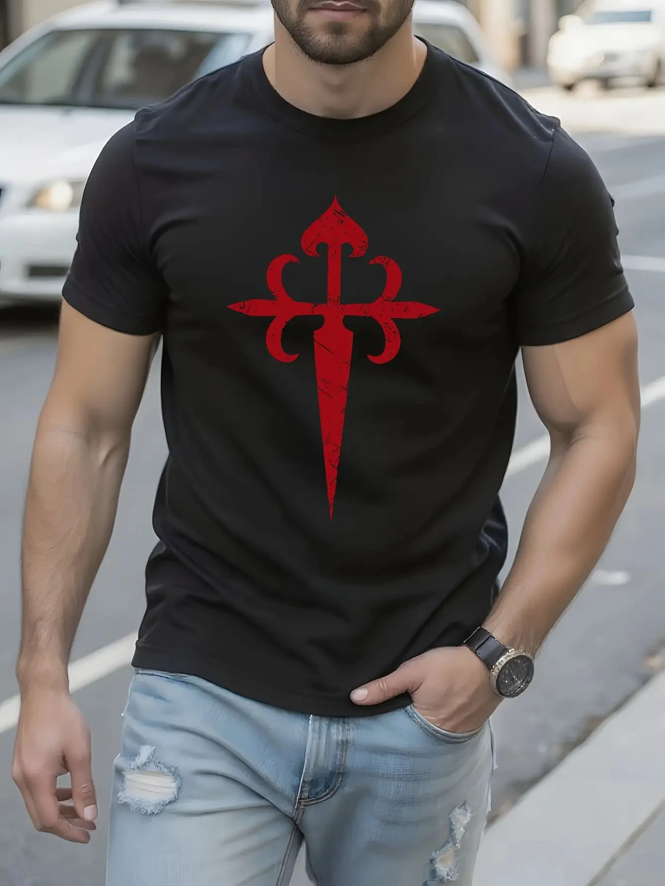 Vintage-Style Quick-Dry T-Shirt Featuring The Cross of Santiago, Humorous Designs, and Aesthetic Apparel for Men