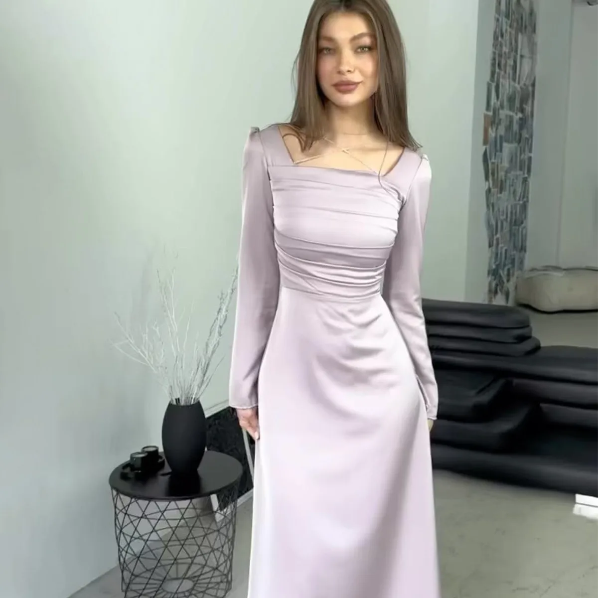 Diamond-encrusted Lace-up Long-sleeved Dress for Women Satin Dubai Abayas Muslim Casual Square Collar Women Banquet Party Dress