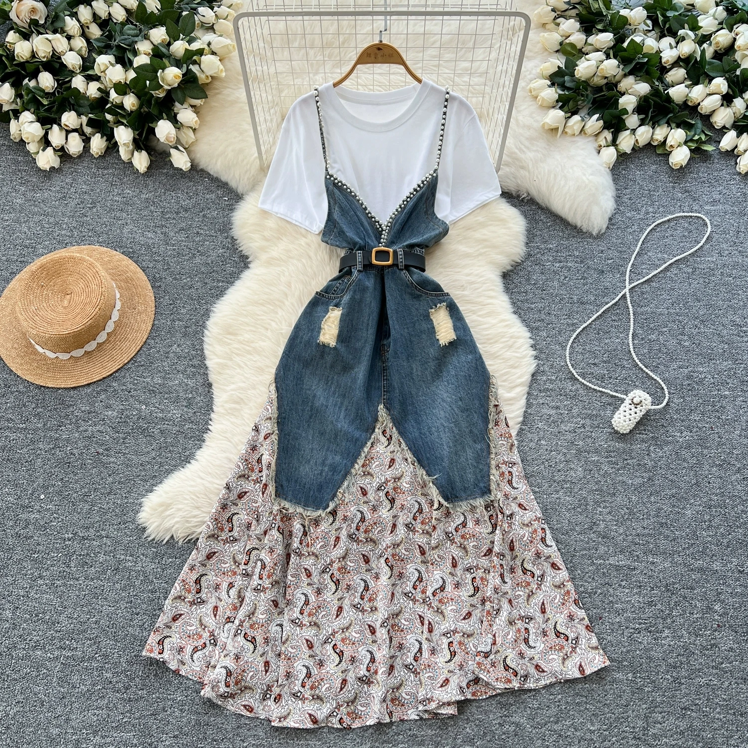 

Women Summer Clothing Suit Casual Solid Color Short-sleeved T-shirt + Beaded Denim Patchwork Spaghetti Strap Dress Sets