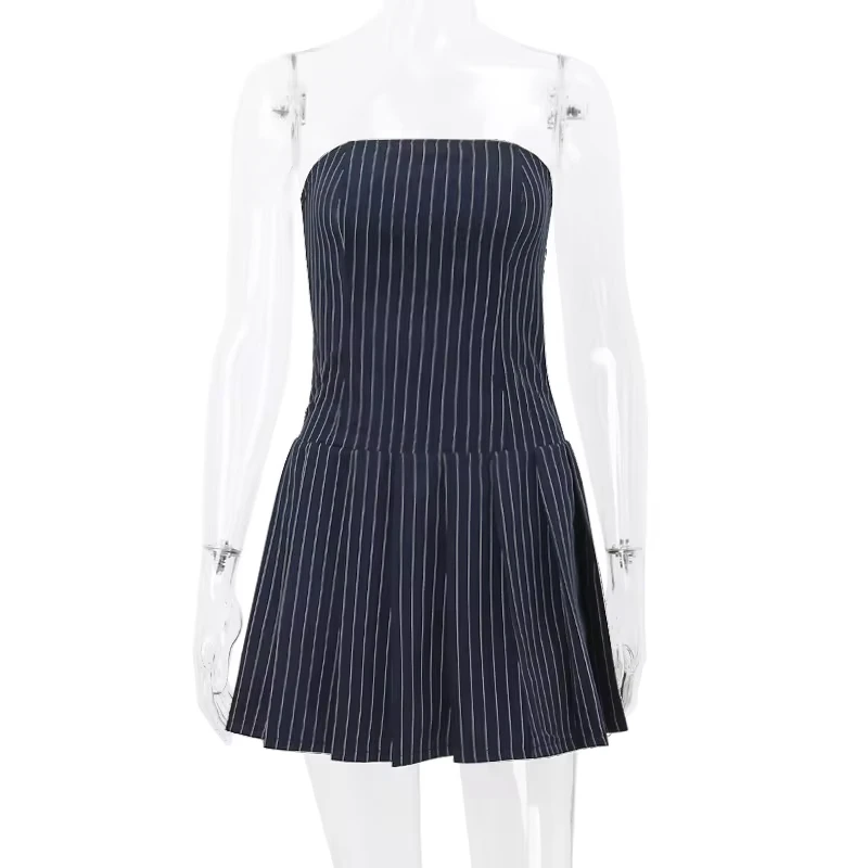 

Women Strapless Mini Dress Summer Striped Backless Pleated Party Dress for Cocktail Beach Streetwear Aesthetic Clothes