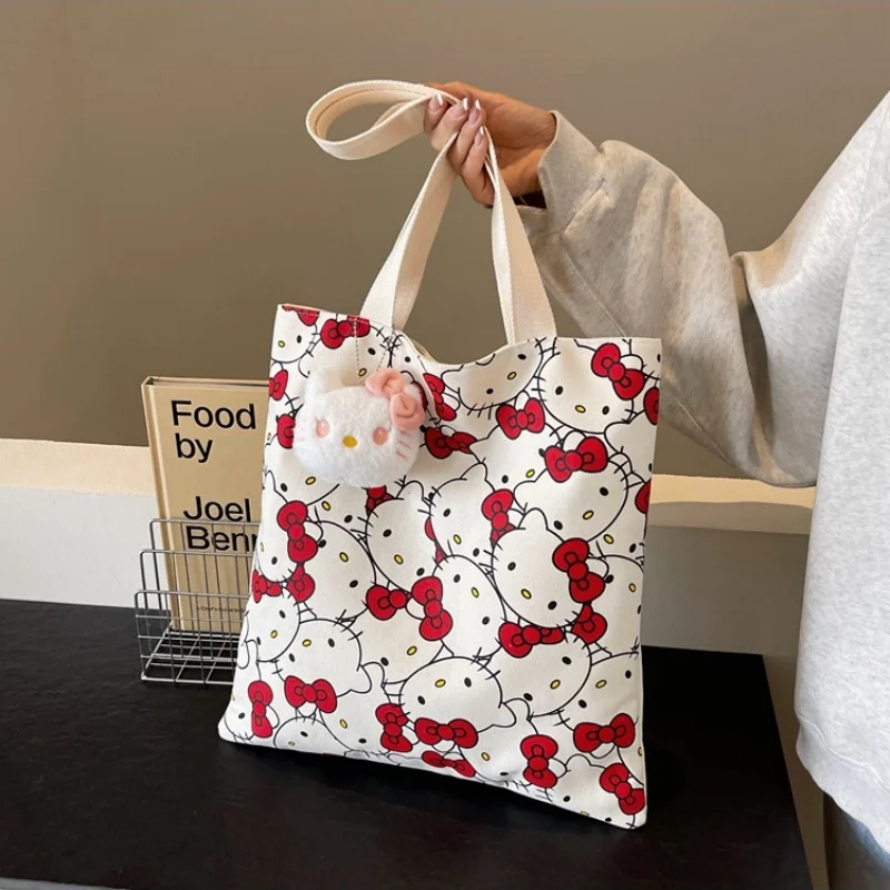 Nowa moda z kreskówek Hellokitty torebka ekologiczna damska płócienna torba z grubej bawełny na ramię torba na artykuły papiernicze torebka o dużej pojemności torba na zakupy