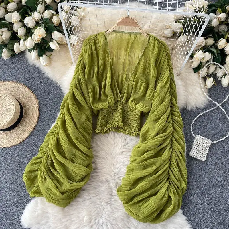 

Women Sexy Chiffon Short Blouse Female See Through Super Long Sleeve Blusas Purple/Green/Black/White Folds Party Tops 2025 New
