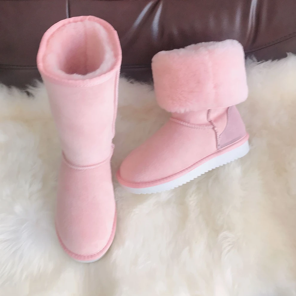 G&Zaco Luxury Winter Knee High Sheepskin Snow Boots Natural Wool Sheep Fur Boots Women Long Classic Leather Wool Boots