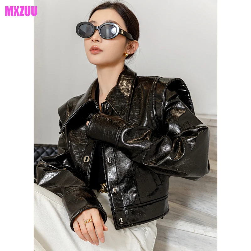 

Patent Leather Jacket Women Autumn American Retro High Quality Sheepskin Peaked Lapel Short Slim Coat Kurtka Skórzana Damska