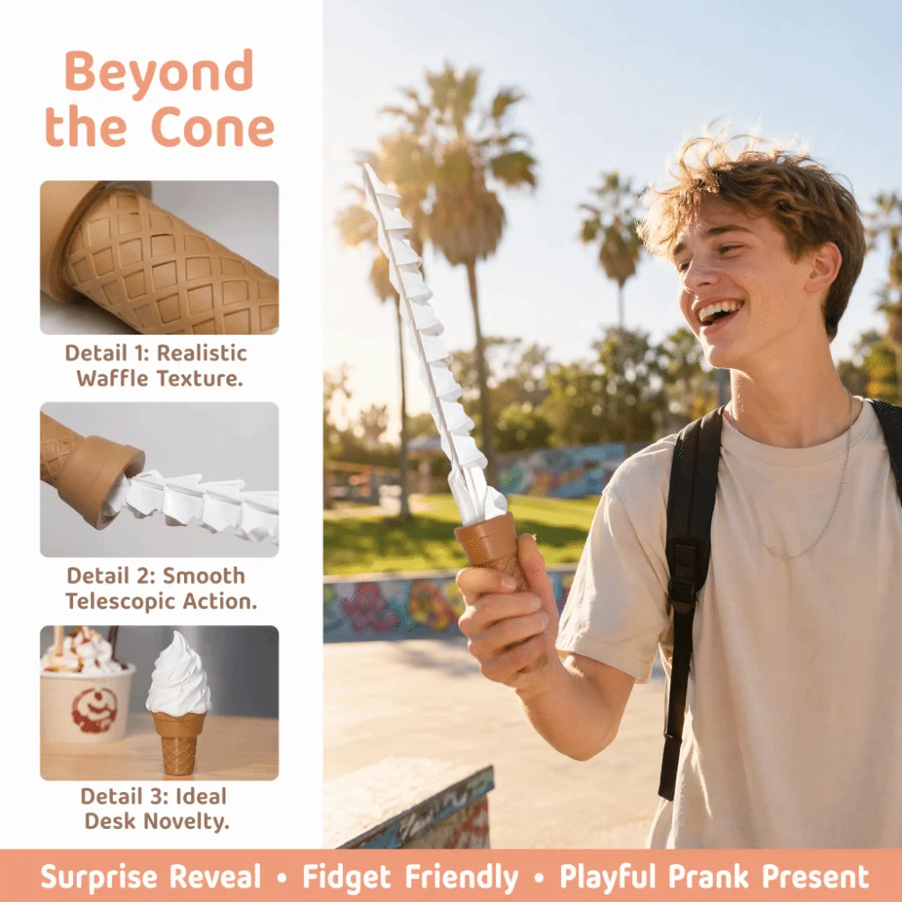 Creative Ice Cream Retractable 3D Printed Realistic Simulation Novelty Gag Gift Stretch-Out Waffle Cone Ice Cream Cone