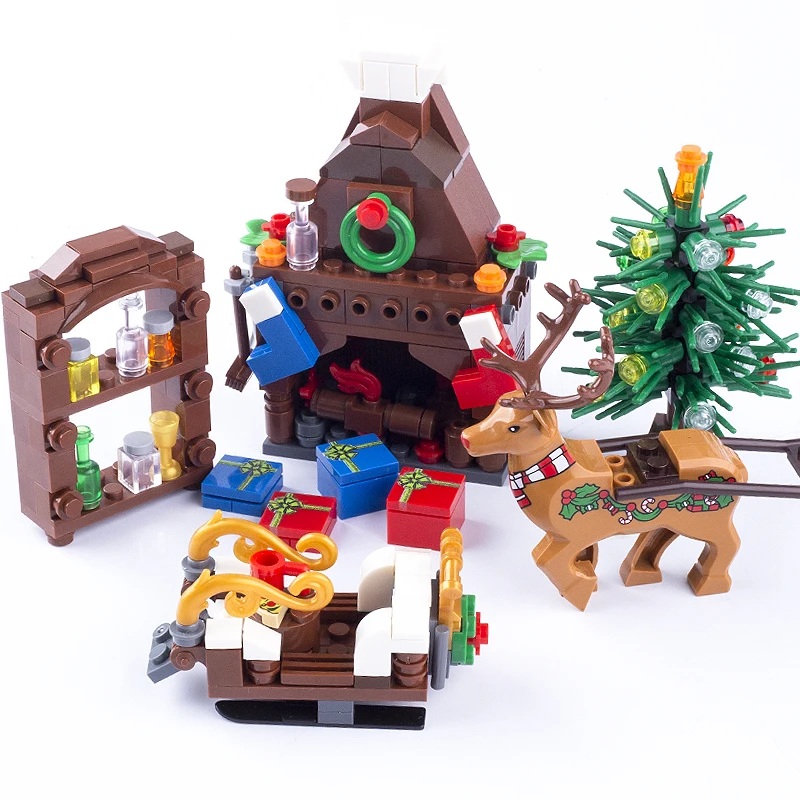 MOC City Street View Scene Building Blocks Christmas Furniture Wine Cabinet Sled Reindeer Fireplace Tree House Bricks Toys Gifts