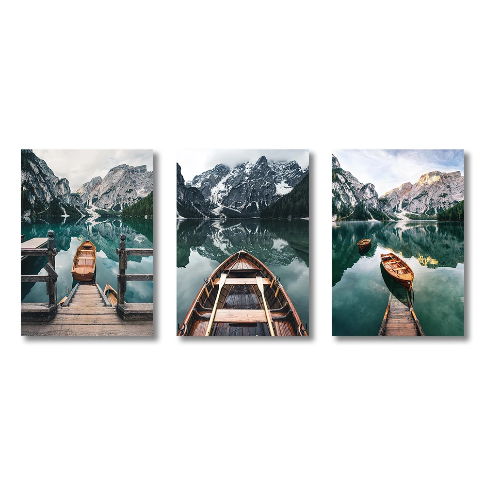 3 قطعة المشهد الطبيعي المشارك بحيرة جبلية قارب الشمال صور الرسم على لوحات القماش الجدارية لغرفة المعيشة غرفة نوم ديكور المنزل