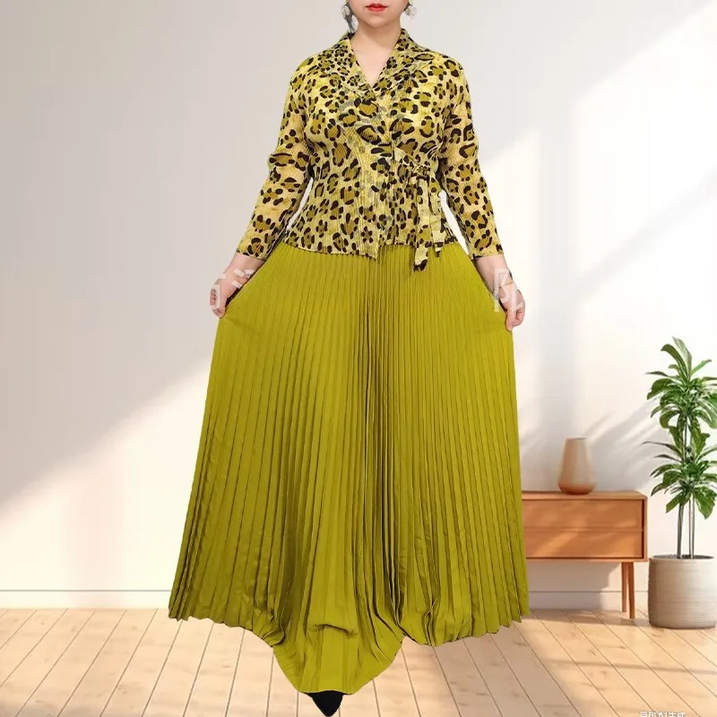 

Miyake Pleated Fashion Leopard Printed Suit Collar Top Half Pleated Long Skirt Two Piece Set Plus Size Women's Large Stretchy