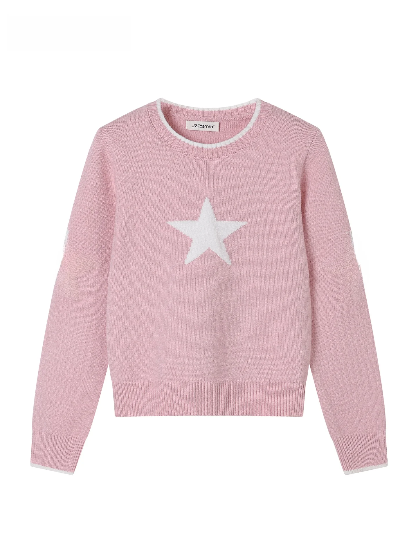

JZZDEMM Pink Star Knitted Sweater Women's round Ne Slimming Base Layer Sweater Commute Sle Soft Fine Gauge Long Sve