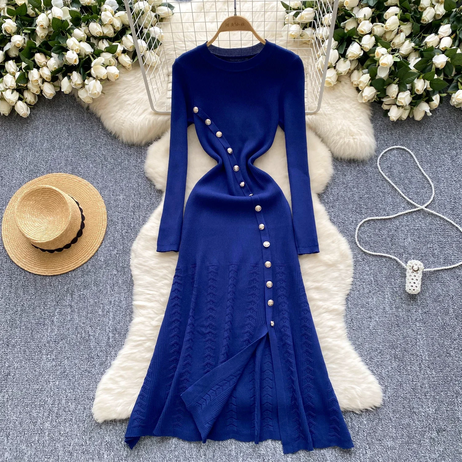 Chic Button O-neck Elegant Long Sleeve Slim Split High Street Women Vintage Korean Fashion Office Lady Autumn Winter Knit Dress