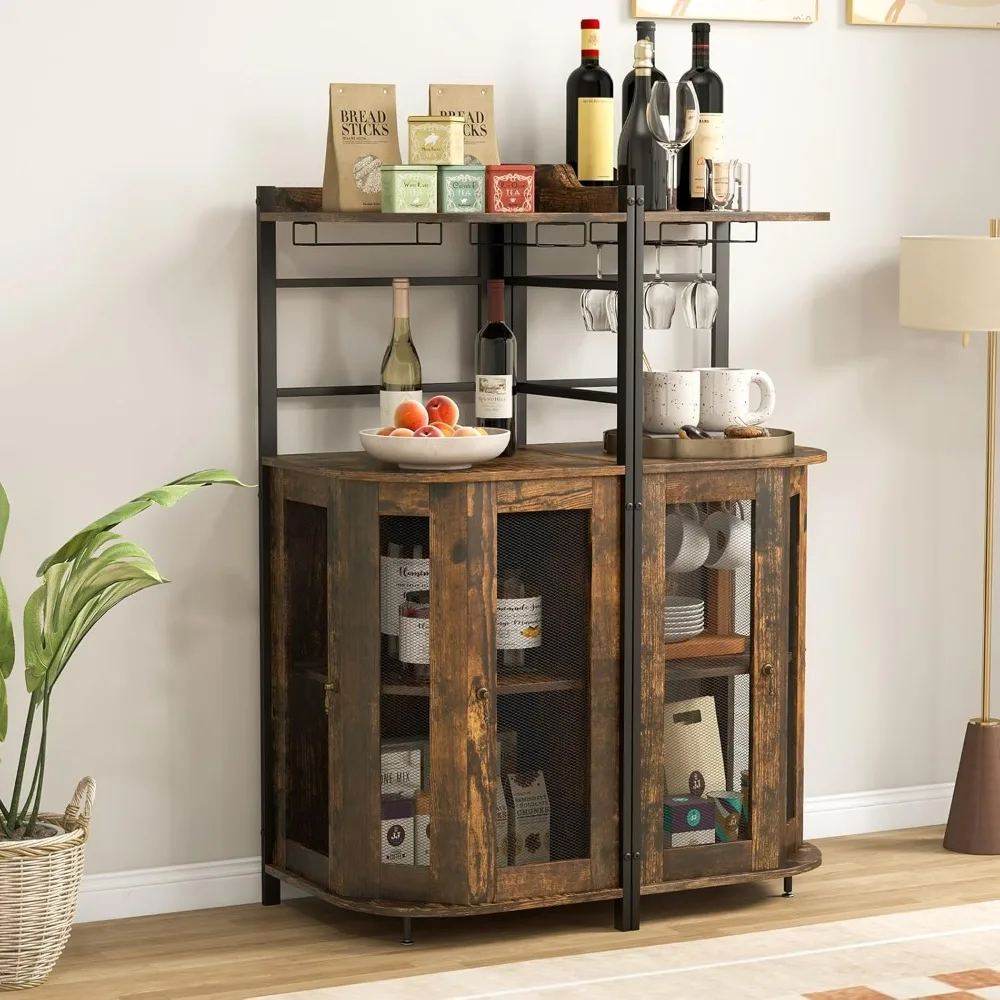 Corner Wine Bar Cabinet,Industrial Wine Cabinet with Metal Mesh Doors & Adjustable Shelf,Liquor Cabinet W Anti-toppling Device