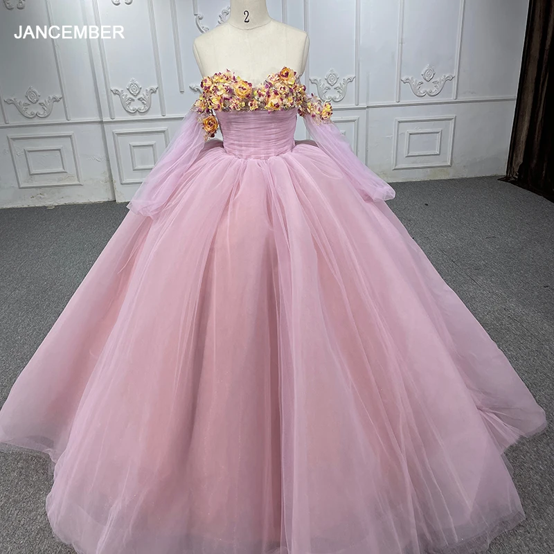 Internat ionale Frauen Quince anera Ball Kleid rosa Prinzessin Blume von der Schulter volle Ärmel Spitze Abschluss feier Kleid dy1239