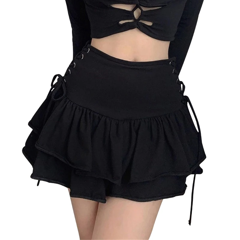 

Women Side Crisscross Lace-Up Mini Skater Skirt Summer High Waist Double Layer Pleated Ruffle Hem A-Line Short Skirt Streetwear