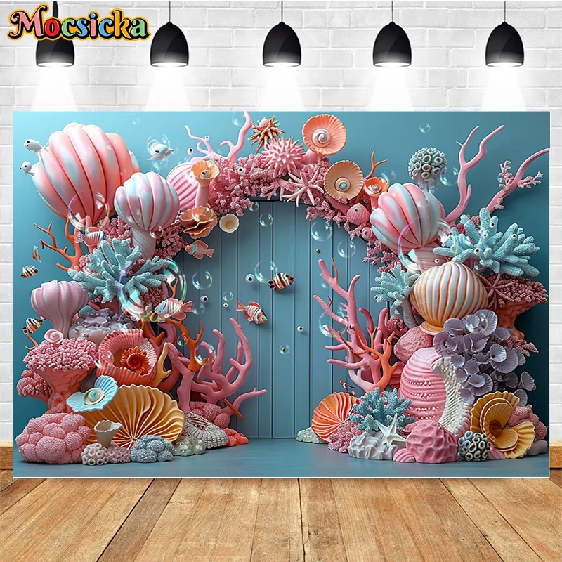 Mocsicka-Fondo de fotografía con temática oceánica, decoración de sirena, Coral, Princesa, fiesta de cumpleaños, pastel, Smash, estudio fotográfico