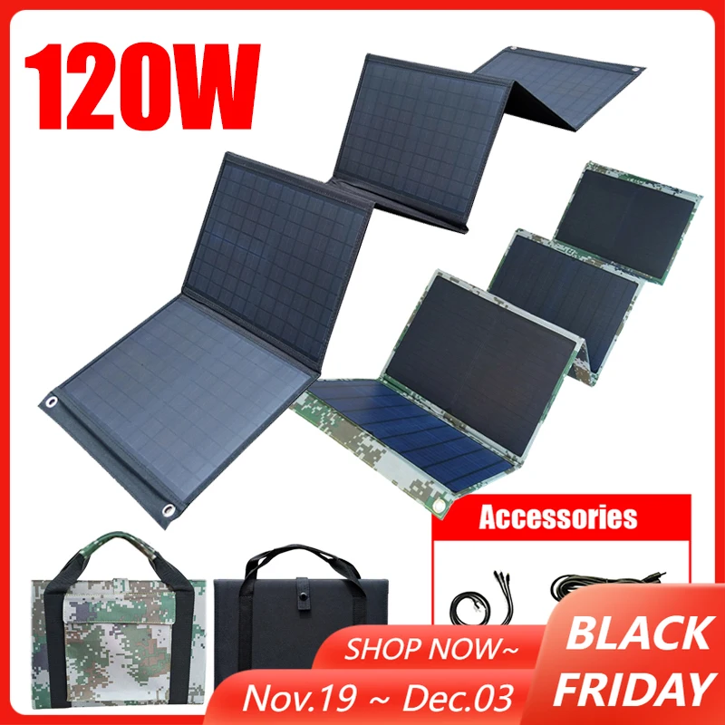 

6 Fold Solar Panel 120W Portable PET Solar Folding Bag USB+DC Output Charger Outdoor Emergency Power Supply for Travel Camping