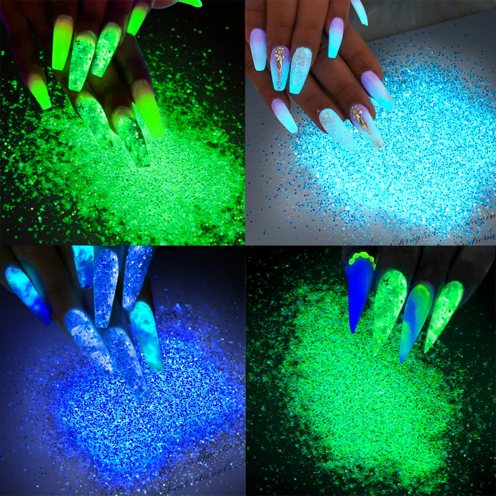 10g Glow In The Dark Glitter Nail Art Luminous Powder Iridescent Hexagon Chunky Glitter DIY Halloween Party Chrome Pigments Dust