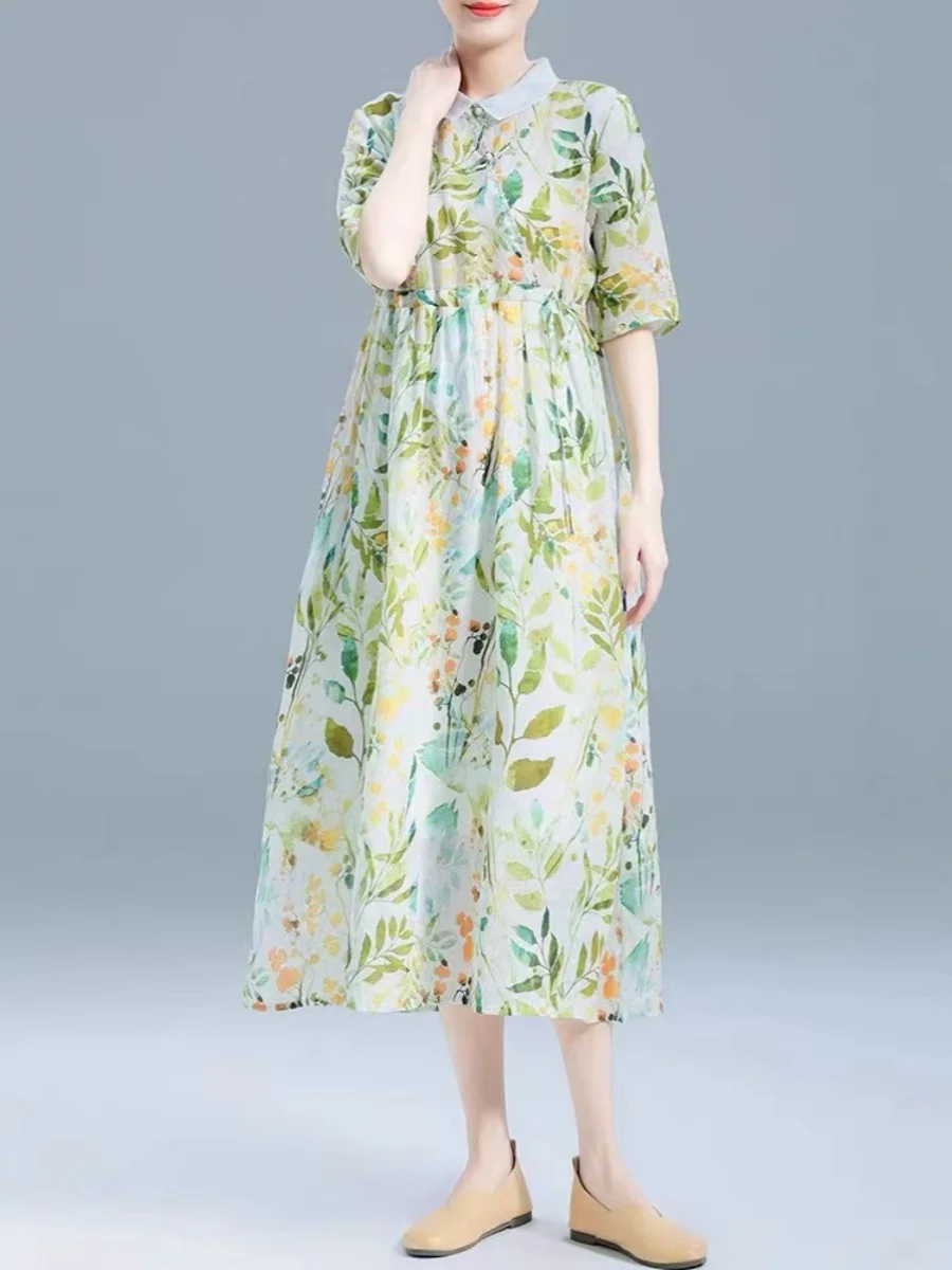 المرأة الصيف ألف خط ميدي الدكتور الأزهار طباعة الكتان القطن مزيج تنورة الرجعية ort Sve دمية طوق خمر Sle Dr