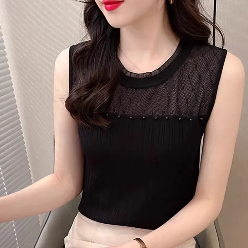 

Summer New Fashion Casual Knitted Top Women Round Neck Patchwork Lace Slim Fit Simple Versatile Sleeveless Bottoming Vest
