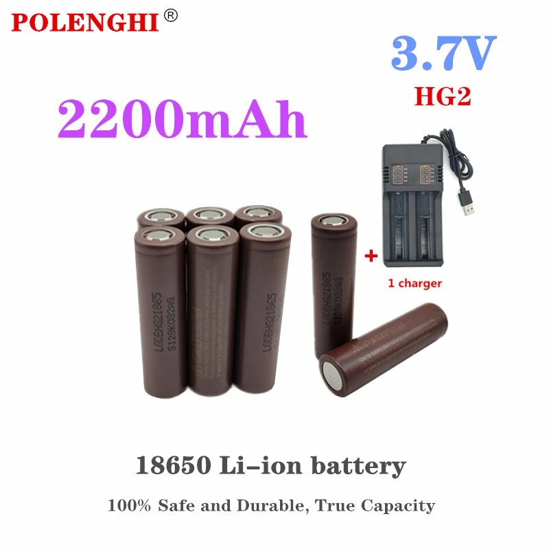 

POLENGHI 100% Safe and Durable True Capacity 18650 HG2 2200mAh 3.7V Rechargeable Lithium Battery+Charger