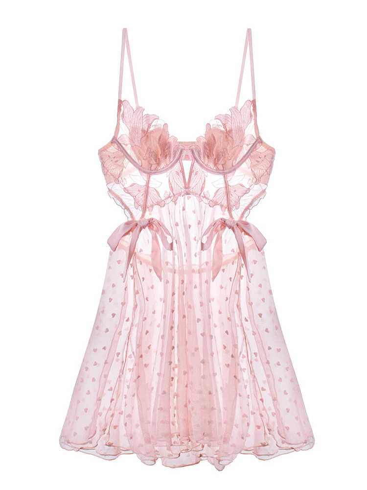 Pink Mesh Floral Embroidery Nightdress Women's Home Clothes Sexy Lingerie Nightgowns with Panty Pajamas Sets Nighty for Ladies