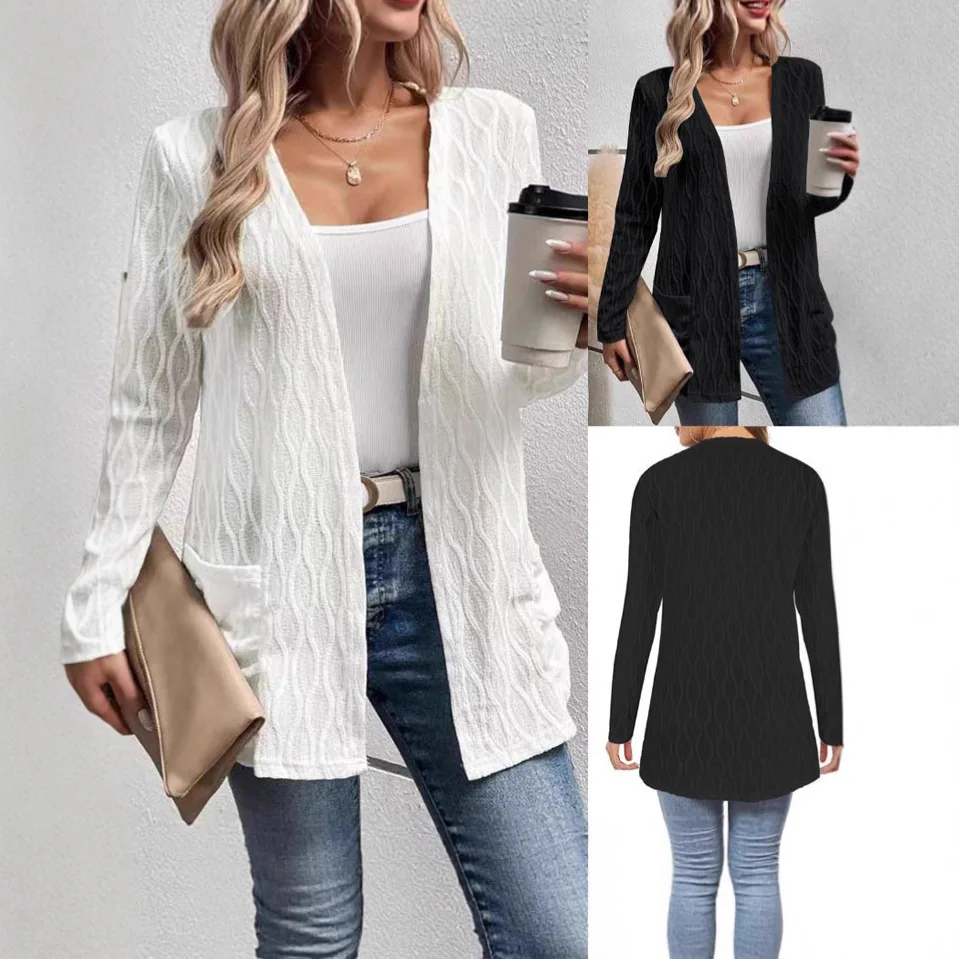 

Лидер продаж, женский вязаный открытый кардиган с длинными рукавами, осень-зима, домашнее пальто для отдыха и поездок на работу, однотонное пальто