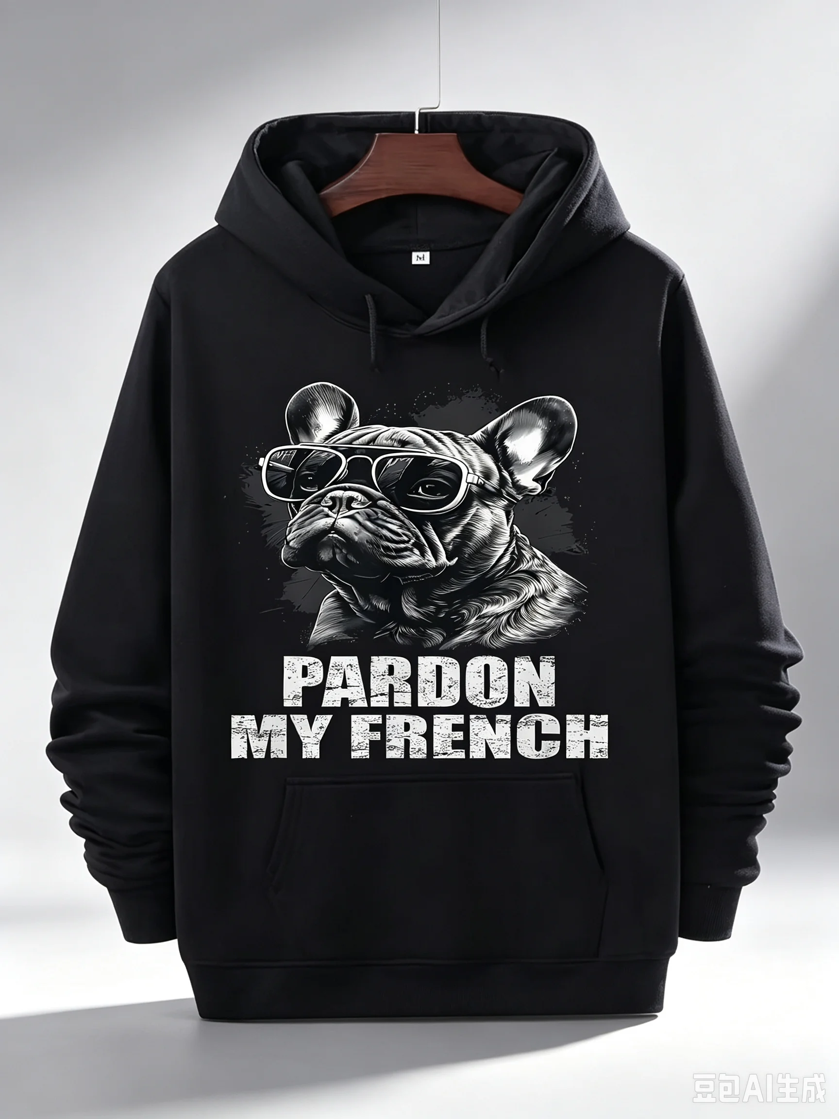 Funny French Bulldog Graphic Hoodie - Pardon My French Saying - Soft Breathable Cotton Tee for Dog Lovers Classic Black Pullover