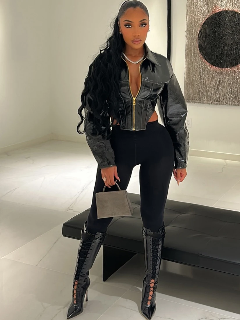 

WEIRD PUSS Trendy Long Sve iny Fini Zipper Coat for Women Slim Fit Collared Jaet Cool Sle Ladies Faion Top