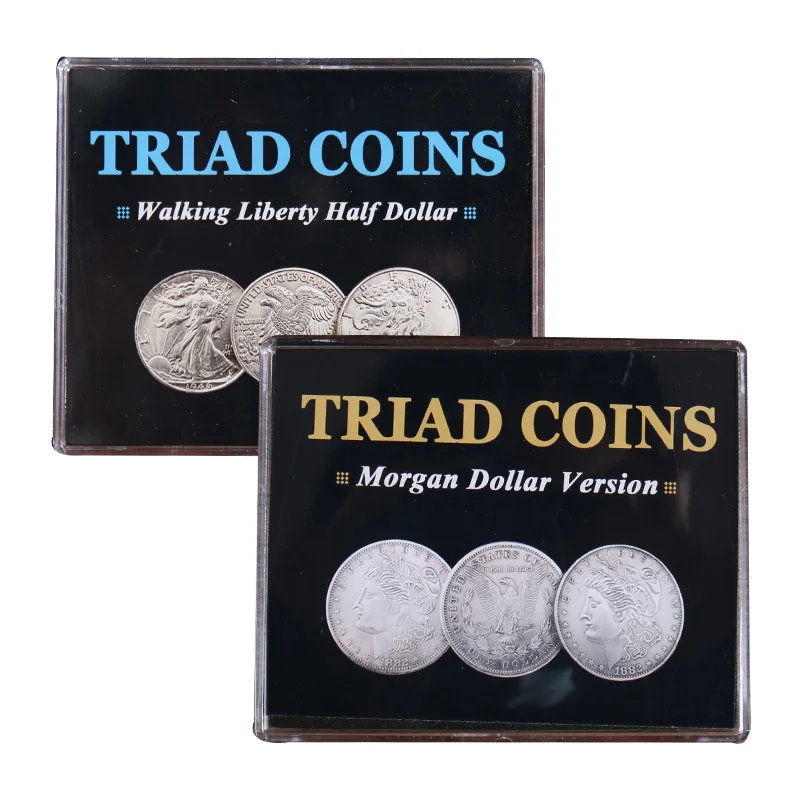 Triad Coins (Walking Liberty Half Dollar Gimmick or Morgan Gimmick) Magic Trick Produce Vanish Change Three Coin Magia