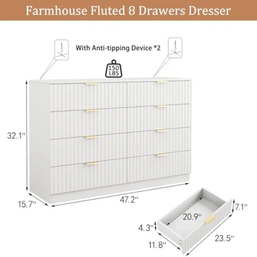 Bedroom dresser, fluted MDF, matte white, 47.2 wide with 8 smooth-gliding drawers for organized storage
