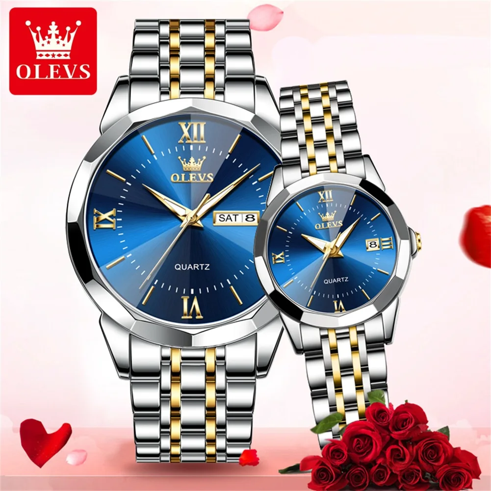 OLEVS Fashion Couple Watch Waterproof Romantic Gift Box Quartz Watches for Men and Women Date Luminous Prismatic Mirror Surface