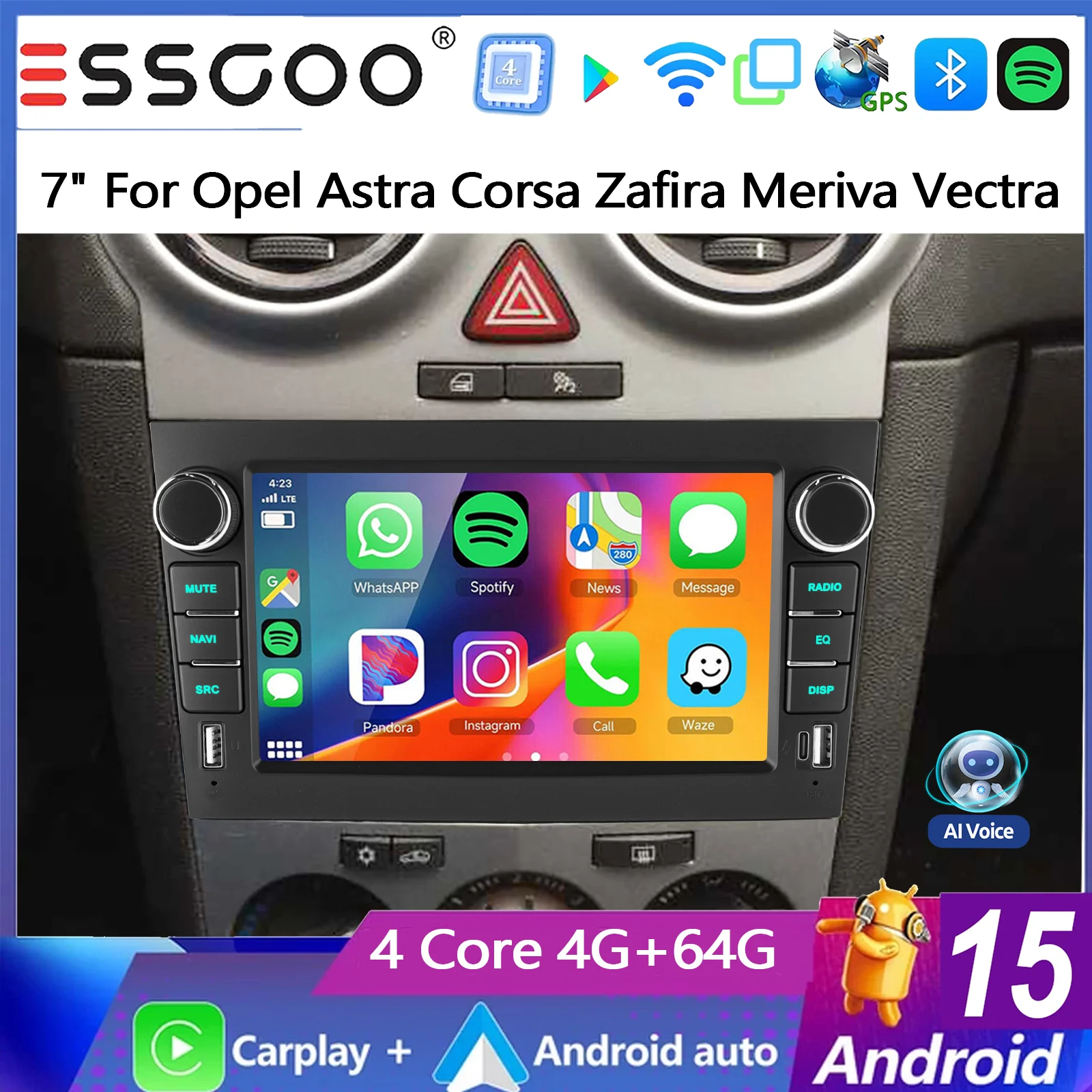 ESSGOO 7 Zoll 4+64G Android 15 Autoradio für Opel Astra Corsa Zafira Meriva Vectra Combo Signum mit kabellosem Carplay, Android Auto, GPS-Navigation, KI-Sprachsteuerung, Bluetooth, FM, SWC, WLAN, RDS,