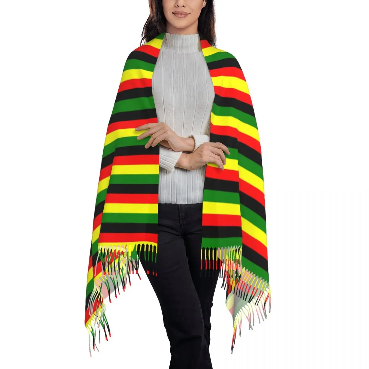 Rasta Colors Red Green Gold Bright Colored Striped Tassel Scarf Women Soft Jamaican Shawl Wrap Female Winter Fall Scarves