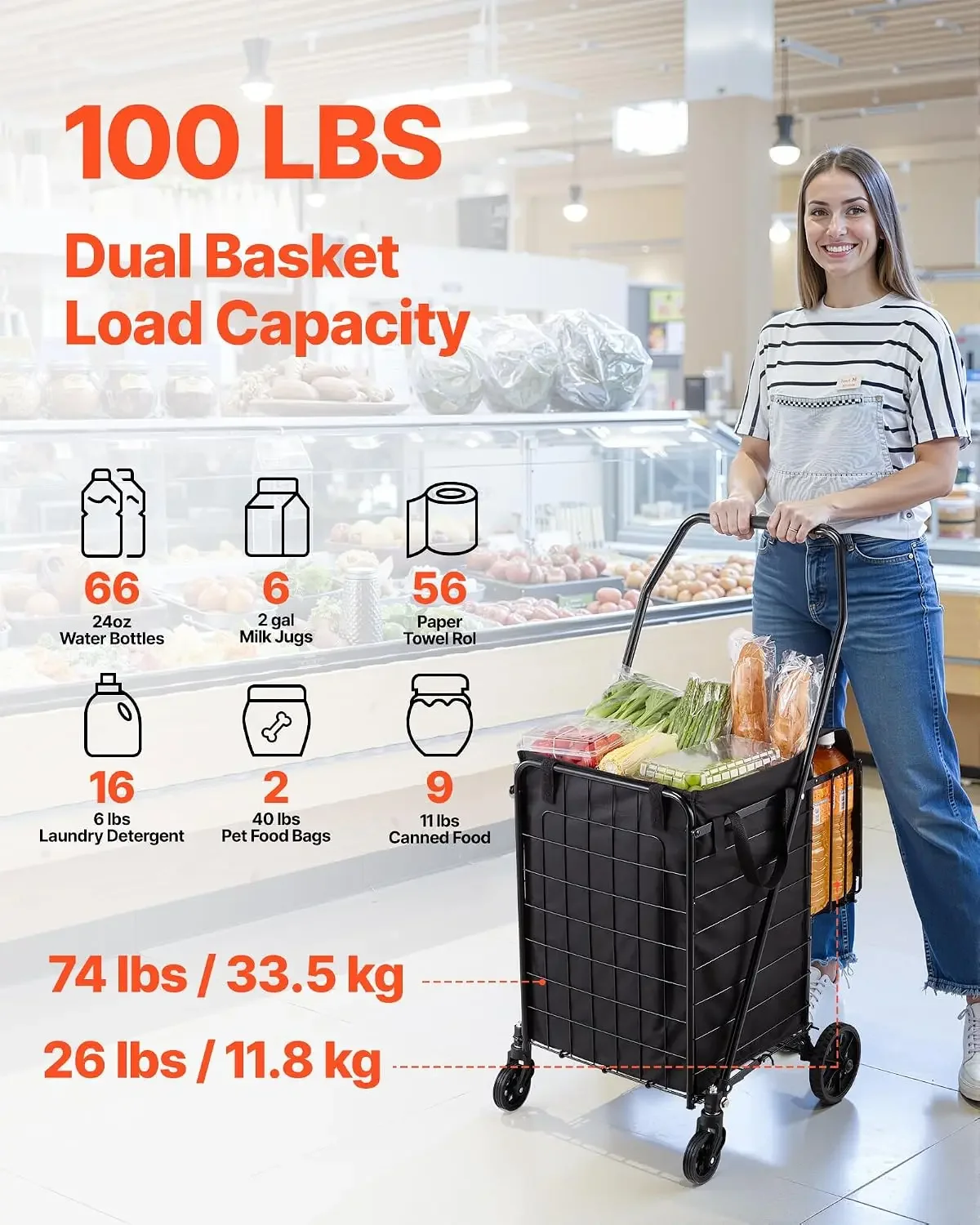 Shopping Cart, Folding Grocery Utility Cart with Dual Baskets, Waterproof Liner & Wheels, 100 LBS Large Load Capacity, Heavy Dut