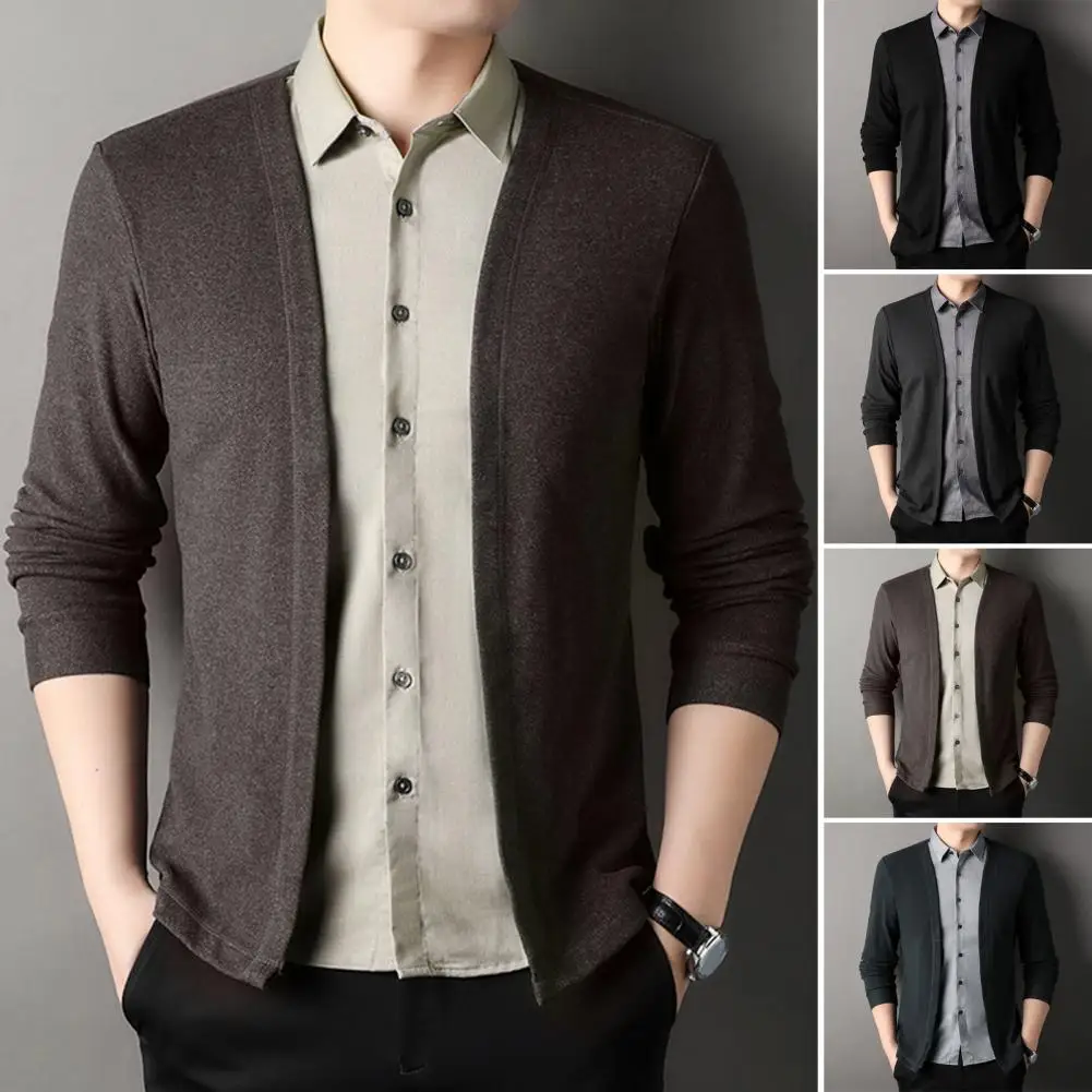 Men Casual Wear Top Men's Fake Two-piece Cardigan Shirt with Turn-down Collar Single-breasted Design Color Matching Knitted